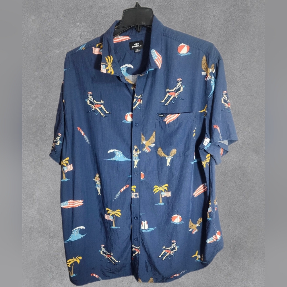 O'neill standard fit button down navy with summer Pattern Size 3xl